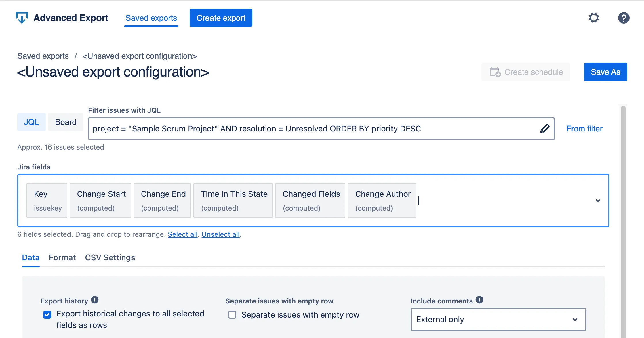 Advanced Export configuration screen showing a JQL project query, the selected Jira fields, and the export history and format options