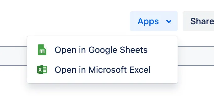 Jira Apps menu showing the Open in Google Sheets and Open in Microsoft Excel export options