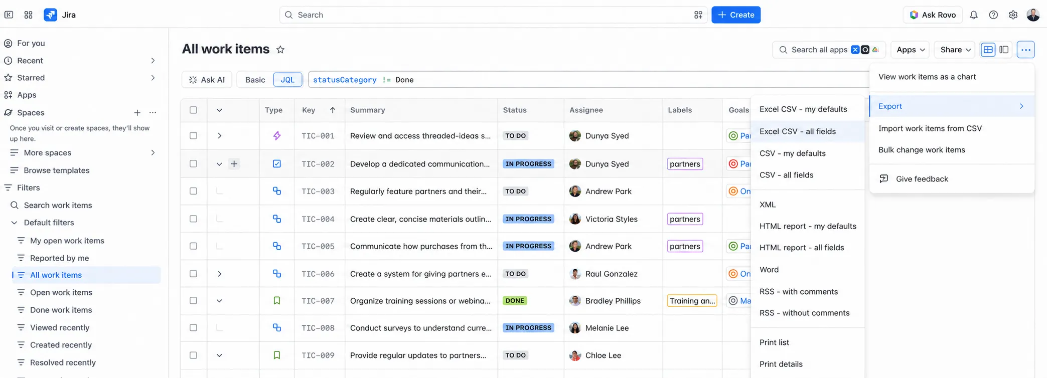 Jira Cloud All work items page with the More actions menu and Excel CSV export options open