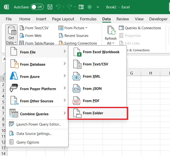 Excel Power Query Get Data menu with the From Folder option highlighted